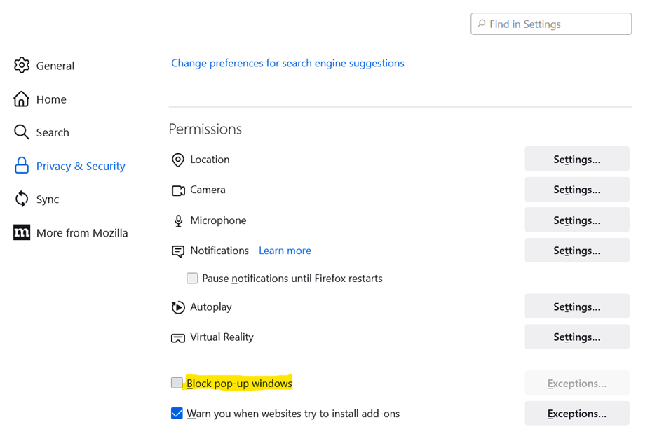 Block pop-up windows checkbox left unchecked under permissions